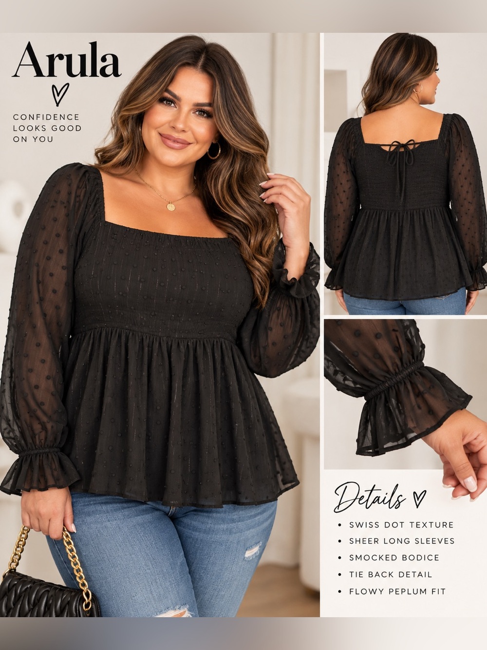 Arula Black Swiss Dot Smocked Peplum Blouse Sheer Long Sleeve Romantic Babydoll
